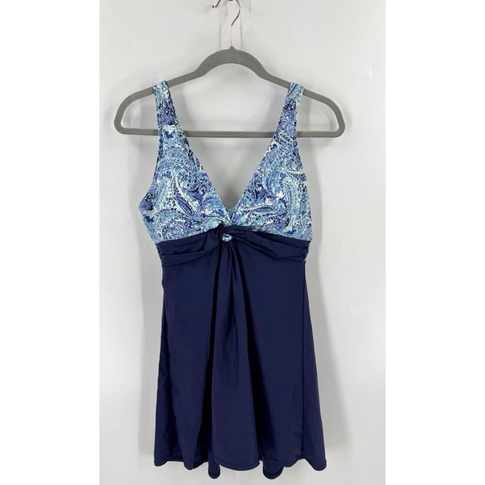 Mazu Swim Swimsuit Dress Blue Floral Paisley Womens Size 12 Built In Briefs